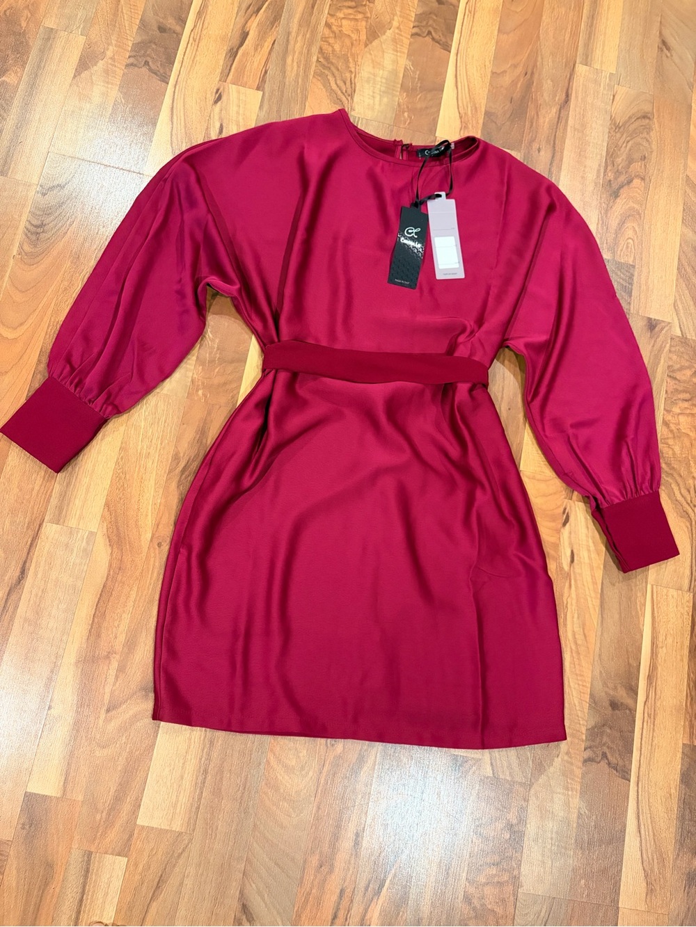 Crewneck Long-Sleeve Mini Dress in Magenta with Belt - Picture 12 of 12